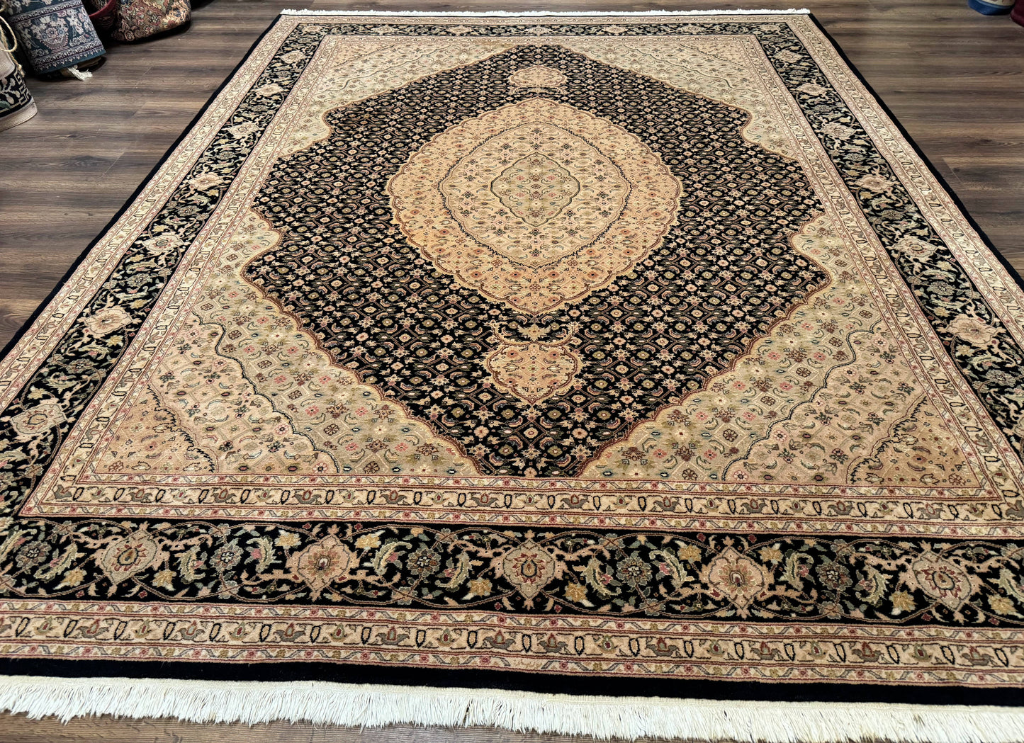 Sino Persian Rug 8x10, Herati Mahi Pattern, Fine 170 KPSI, Black, Wool and Silk Highlights