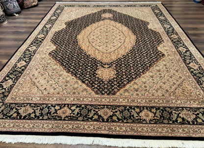 Sino Persian Rug 8x10, Herati Mahi Pattern, Fine 170 KPSI, Black, Wool and Silk Highlights