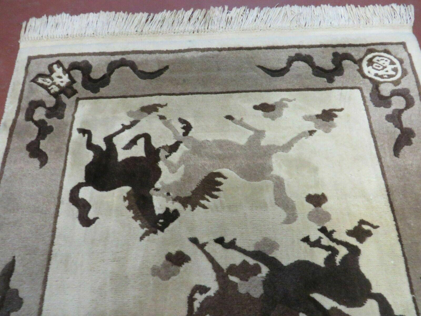 Hand Knotted Wool Rug 4x6 Tibetan Nepal Art Deco Horse Design Vintage 1980s