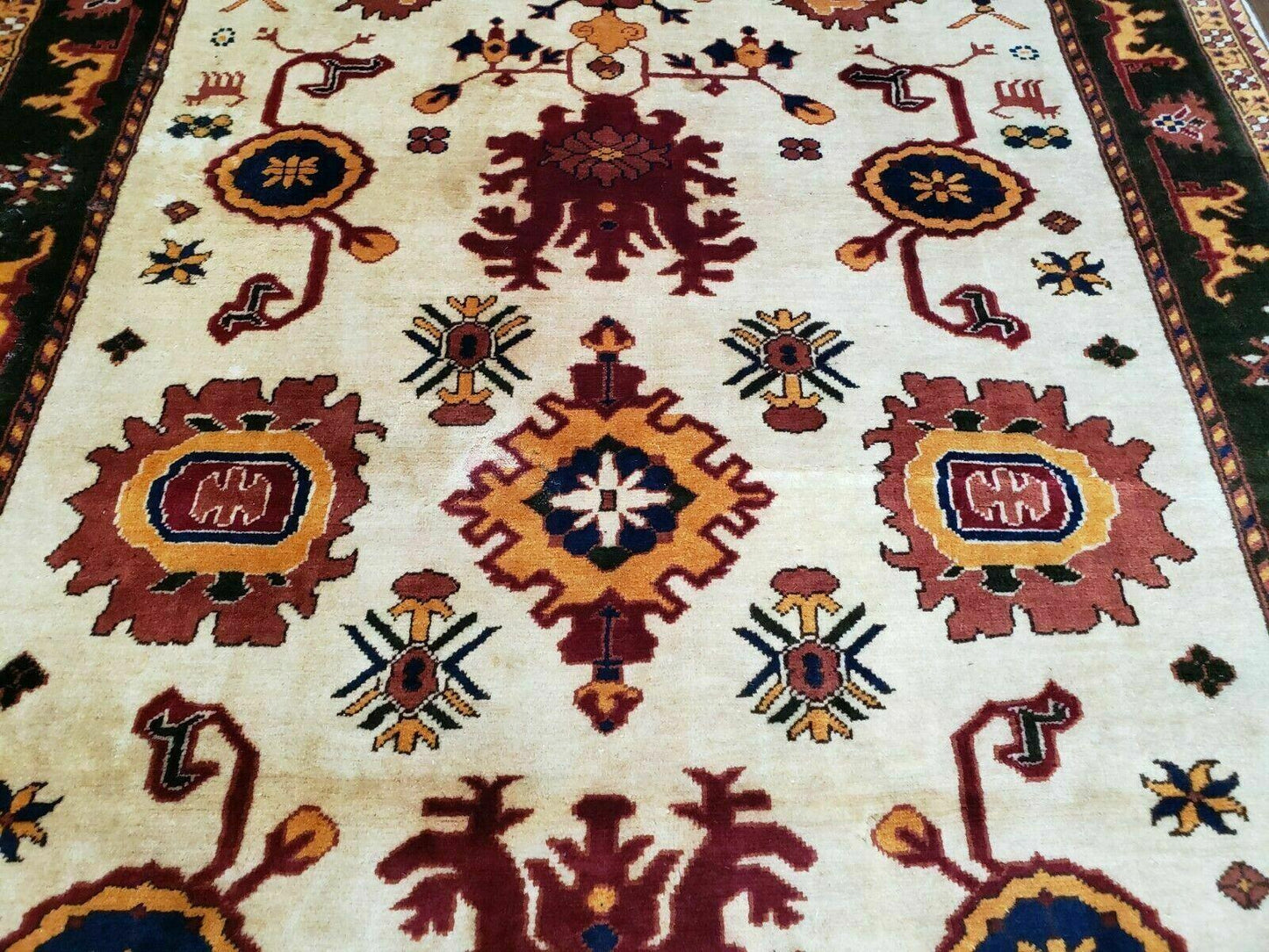 Vintage 1970s Turkish Kazak Wool Rug Hand Knotted Boho Bohemian Floor Decor
