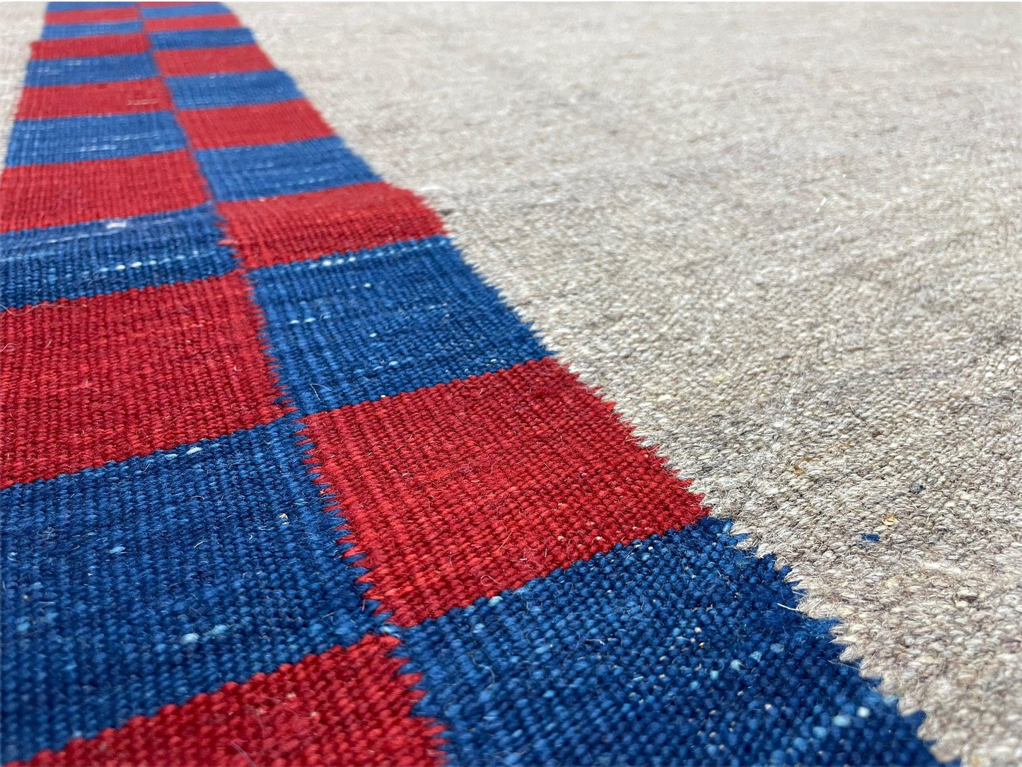 Geometric Kilim Rug Handmade Wool Hand Knotted Gray Blue Red Checkerboard