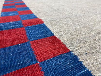 Geometric Kilim Rug Handmade Wool Hand Knotted Gray Blue Red Checkerboard