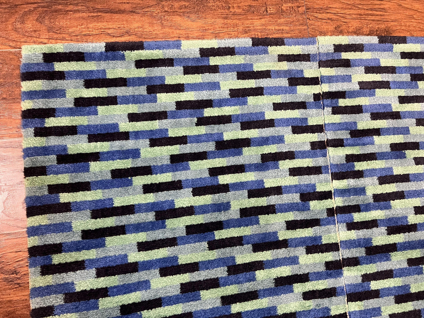 Wool Runner Rug Blue Multicolor Mosaic Design 4.7 x 12 Contemporary Power Loomed