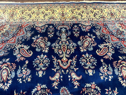 Persian Kerman Rug 10x14 Wool Floral Medallion Handmade Blue And Beige