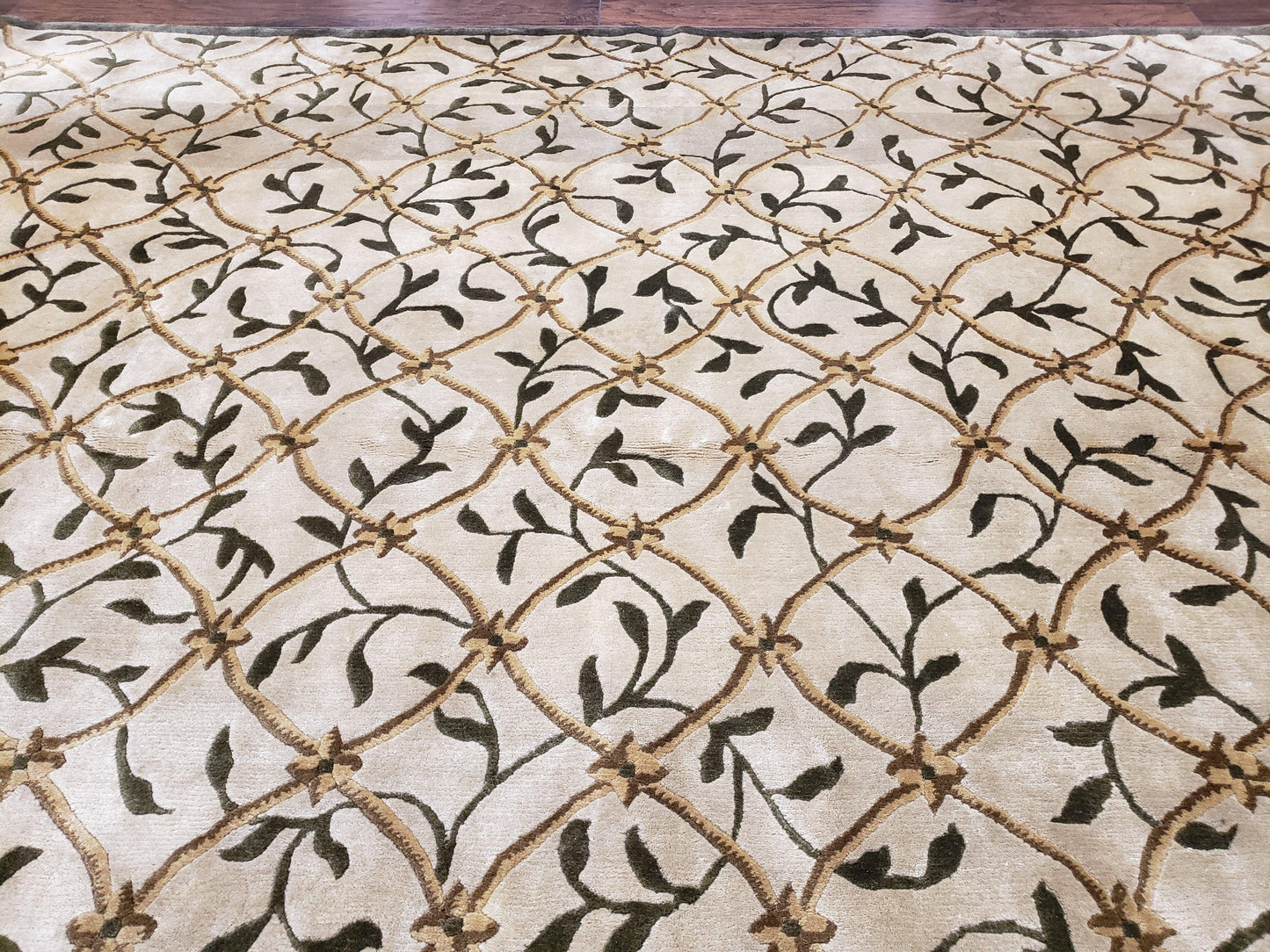 Vintage Tibetan Area Rug 9x12 Hand Knotted Wool Nepali Beige Soft Pile For Living Room