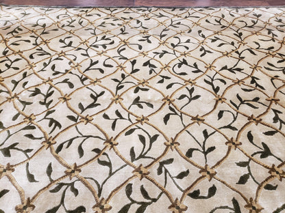 Vintage Tibetan Area Rug 9x12 Hand Knotted Wool Nepali Beige Soft Pile For Living Room