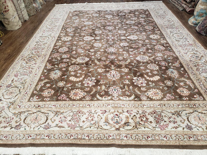 Pak-Persian Vintage Wool Rug 9x12 Hand-Knotted Spice Brown Ivory Traditional Oriental Carpet