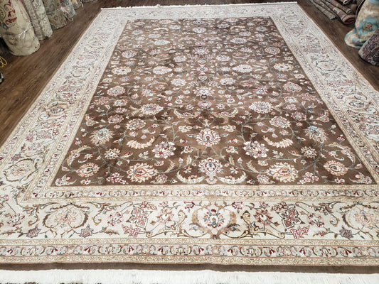 Pak-Persian Vintage Wool Rug 9x12 Hand-Knotted Spice Brown Ivory Traditional Oriental Carpet