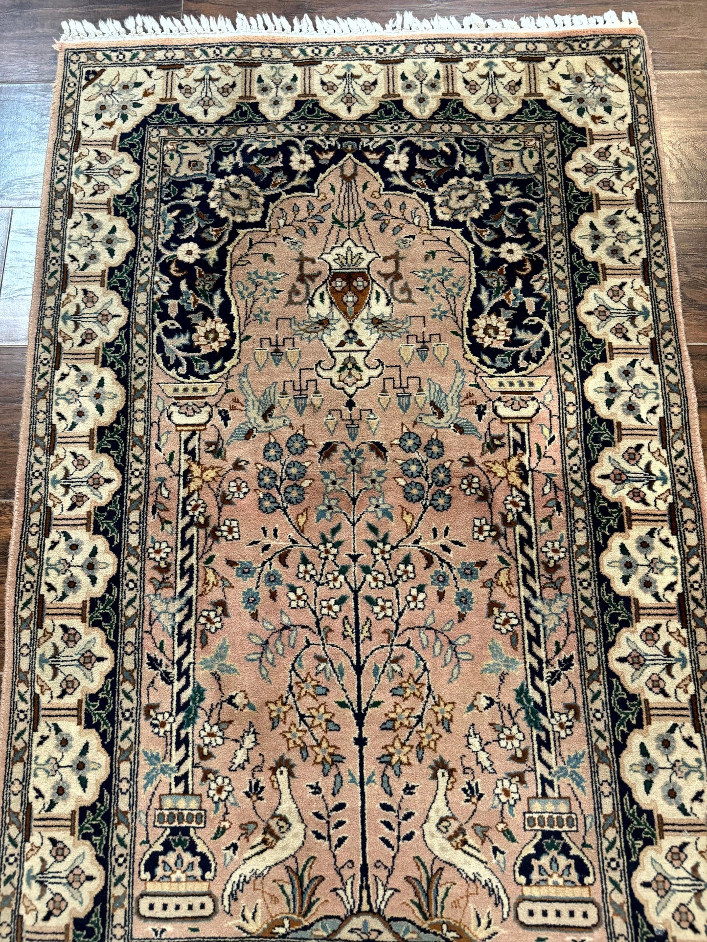 Tree Of Life Prayer Rug Handmade Persian Wool Two By Four Feet Vintage Style Birds Lantern