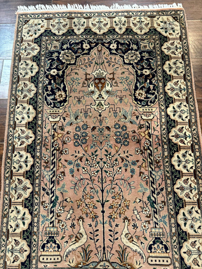 Tree Of Life Prayer Rug Handmade Persian Wool Two By Four Feet Vintage Style Birds Lantern