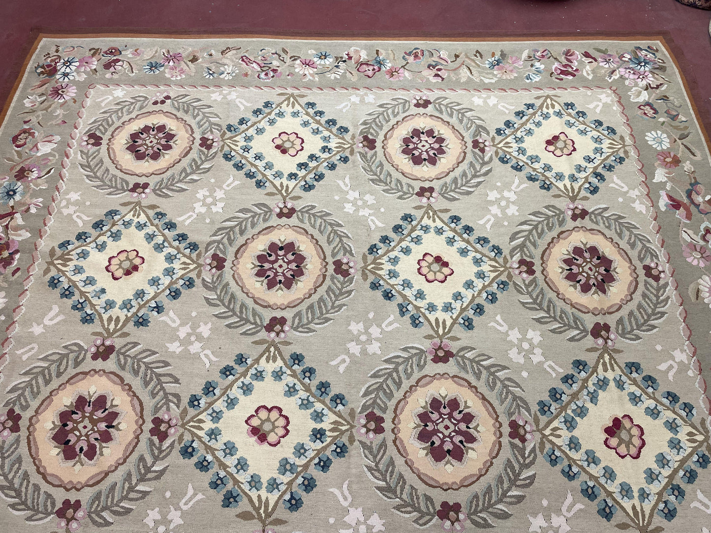 Needlepoint Carpet 9x13 Hand Knotted Beige Floral French European Style