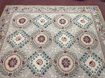 Needlepoint Carpet 9x13 Hand Knotted Beige Floral French European Style