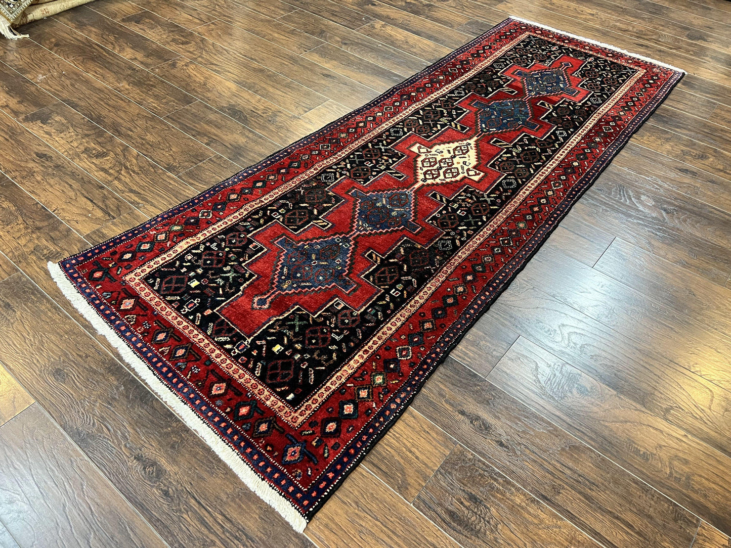 Senneh Runner Rug Persian Kurdish Handmade Wool 3x9 9ft Medallion Red Navy Blue Hallway Kitchen