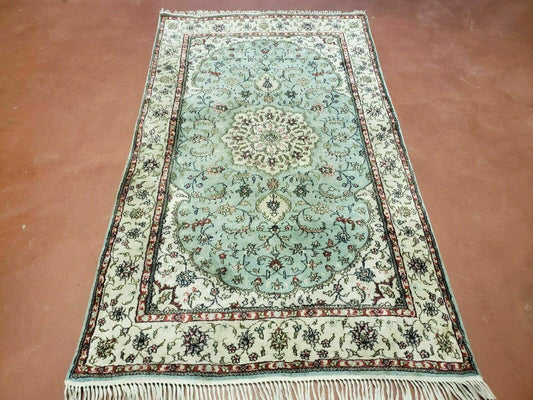 Silk Turkish Kayseri Rug 3x5, Light Mint Green and Ivory, Vintage Fine Silk Hand Knotted Oriental Carpet 3 x 5 ft, Floral Medallion, Nice