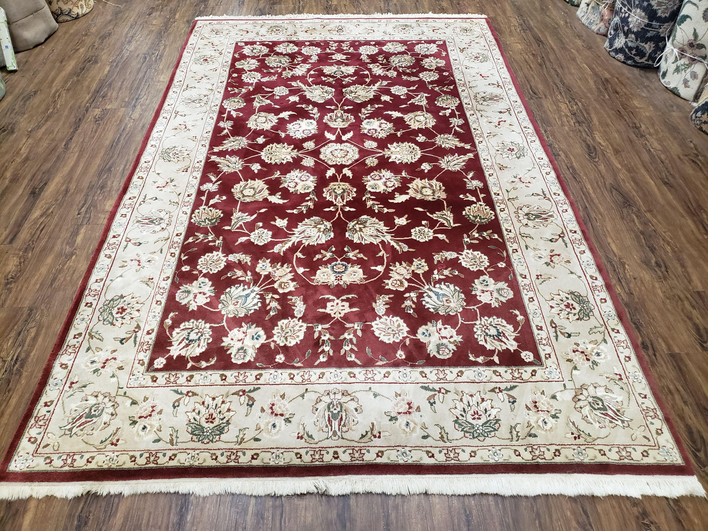 Vintage Traditional Oriental Area Rug, Hand-Knotted, Wool & Silk Accents, Maroon Red and Beige, 6x9 Carpet, 5' 9" x 9'