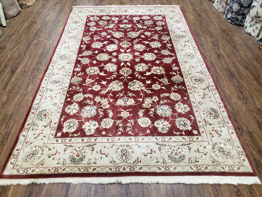 Vintage Traditional Oriental Area Rug, Hand-Knotted, Wool & Silk Accents, Maroon Red and Beige, 6x9 Carpet, 5' 9" x 9'