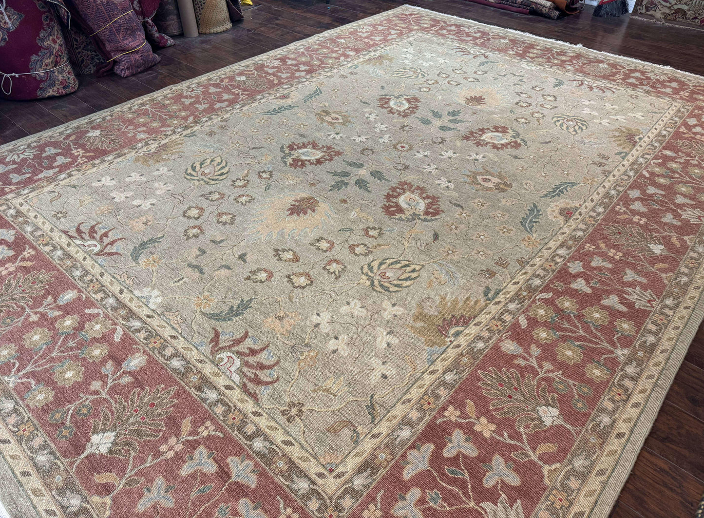 Large Turkish Soumak Rug 10x14, Flatweave Dhurrie, Handmade, Light Green and Salmon
