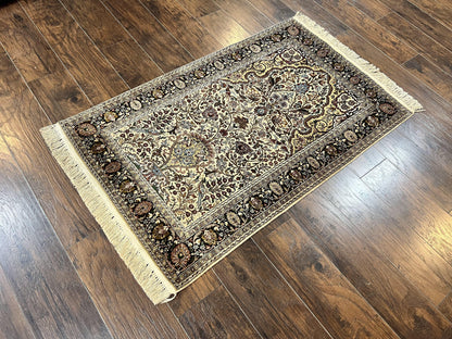 Turkish Kayseri Silk Rug 3x5, Tree of Life Silk Oriental Carpet, Birds Persian Vase Design, Hand Knotted Vintage Fine Rug, 340 KPSI