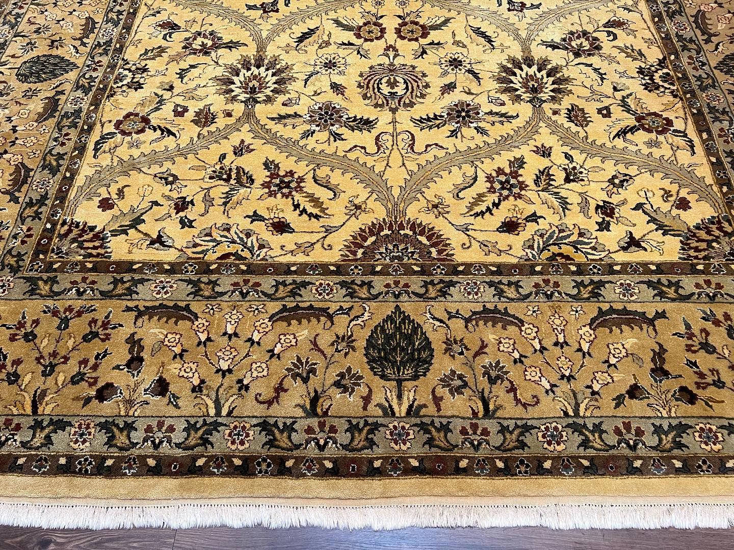 Indo Persian Mahal Rug 10x14, Wool Hand Knotted Oriental Carpet, Cream Floral Allover, Vintage Area Rug 10 x 14, Traditional Rug, Handmade