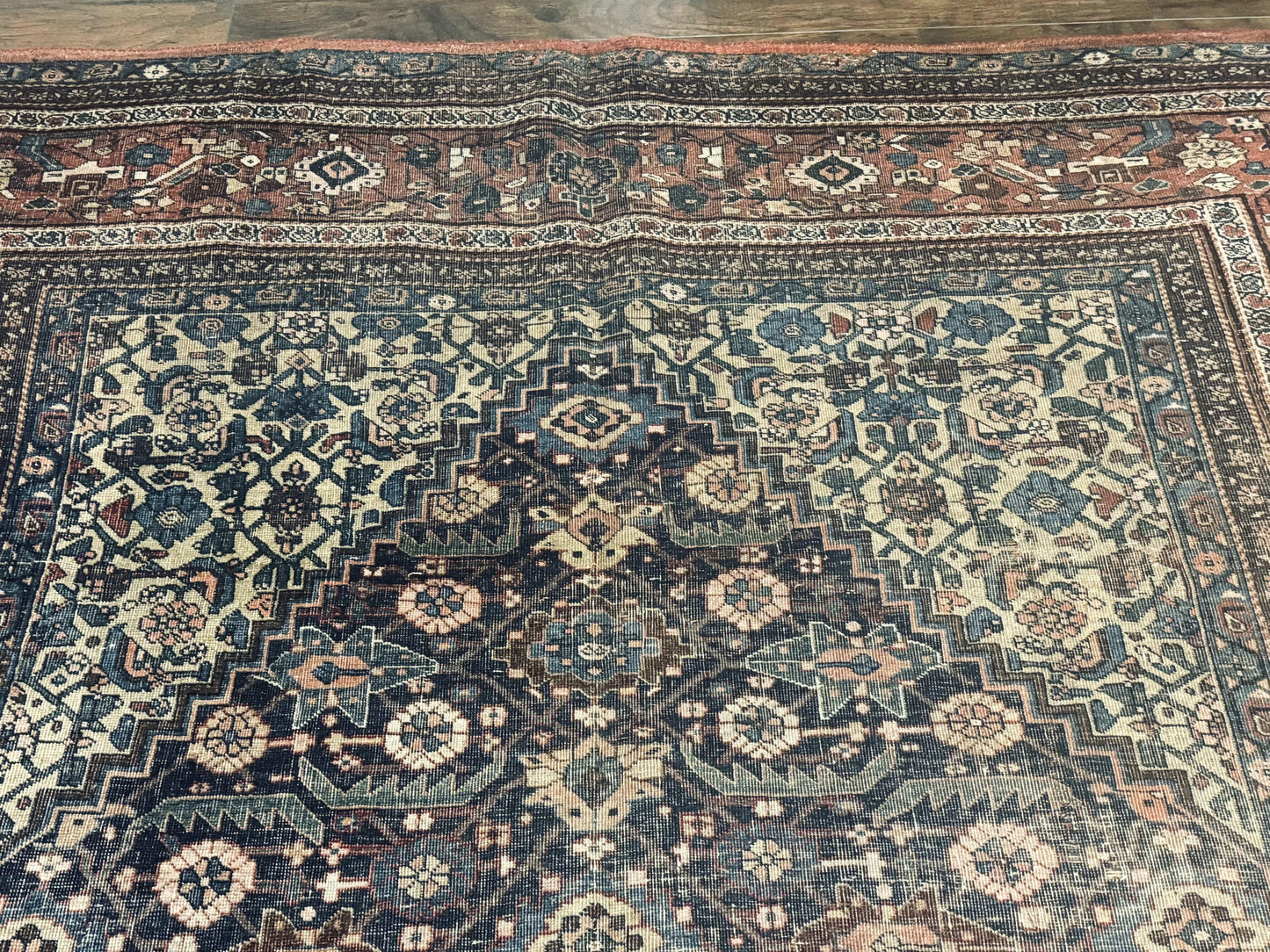 Persian Bidjar Rug 8x15 Navy Blue Herati Pattern Antique Collectors