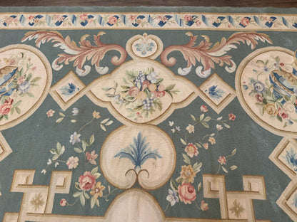 Aubusson Rug 9x12 Muted Sage Green Cream European Design Handwoven Wool