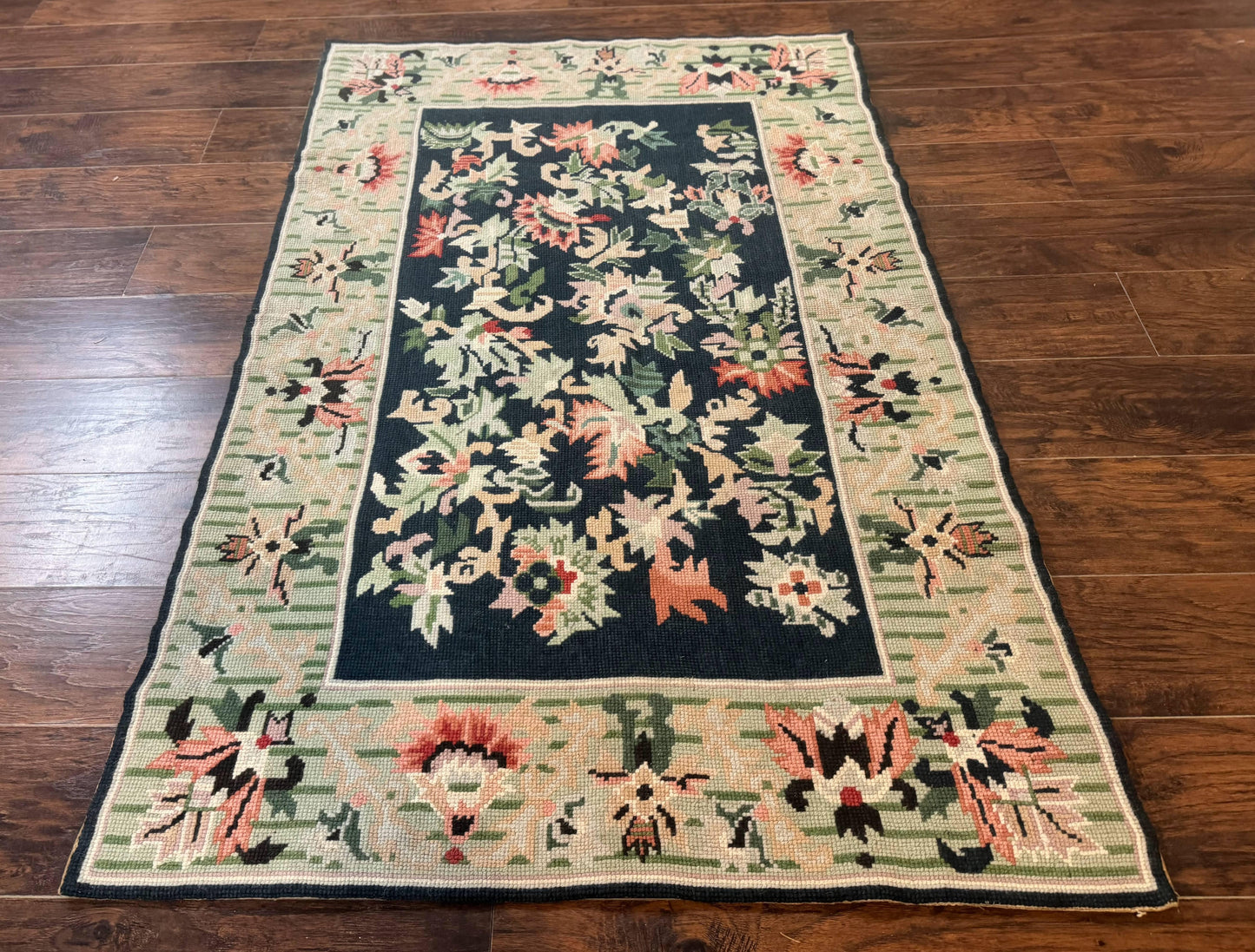 Vintage American Needlepoint Rug 4x6 Dark Green Wool Handmade Flatweave Carpet