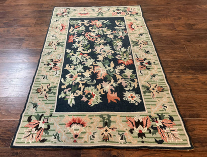 Vintage American Needlepoint Rug 4x6 Dark Green Wool Handmade Flatweave Carpet