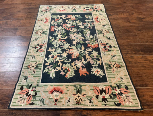Vintage American Needlepoint Rug 4x6 Dark Green Wool Handmade Flatweave Carpet