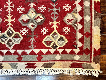 Indian Kilim Rug 6x6 Square Flatweave Wool Carpet Vintage Handmade Red