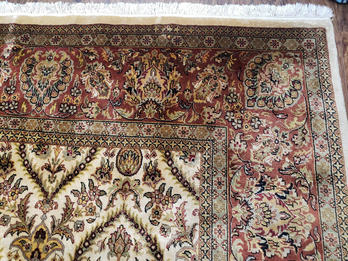 Vintage Indo Persian Area Rug 9x12, Wool Hand-Knotted Ivory & Dark Red Oriental Carpet, Fine Weave 9 x 12 Indian Rug, Dining Room Rug