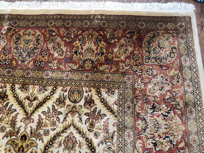 Vintage Indo Persian Area Rug 9x12, Wool Hand-Knotted Ivory & Dark Red Oriental Carpet, Fine Weave 9 x 12 Indian Rug, Dining Room Rug