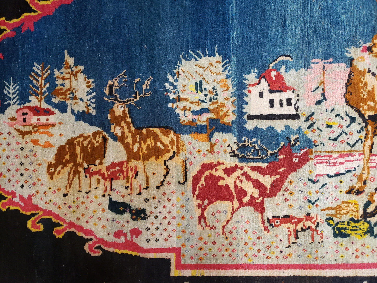 Antique Persian Pictorial Rug 4'6" x 9', Wool Hand-Knotted Blue Roses Karabagh Caucasian Carpet, 1920s Girl Deer Tapestry Wall Hanging Rug