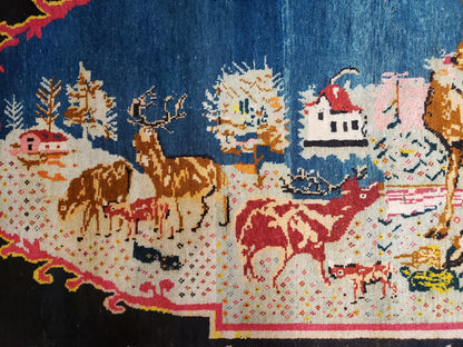 Antique Persian Pictorial Rug 4'6" x 9', Wool Hand-Knotted Blue Roses Karabagh Caucasian Carpet, 1920s Girl Deer Tapestry Wall Hanging Rug