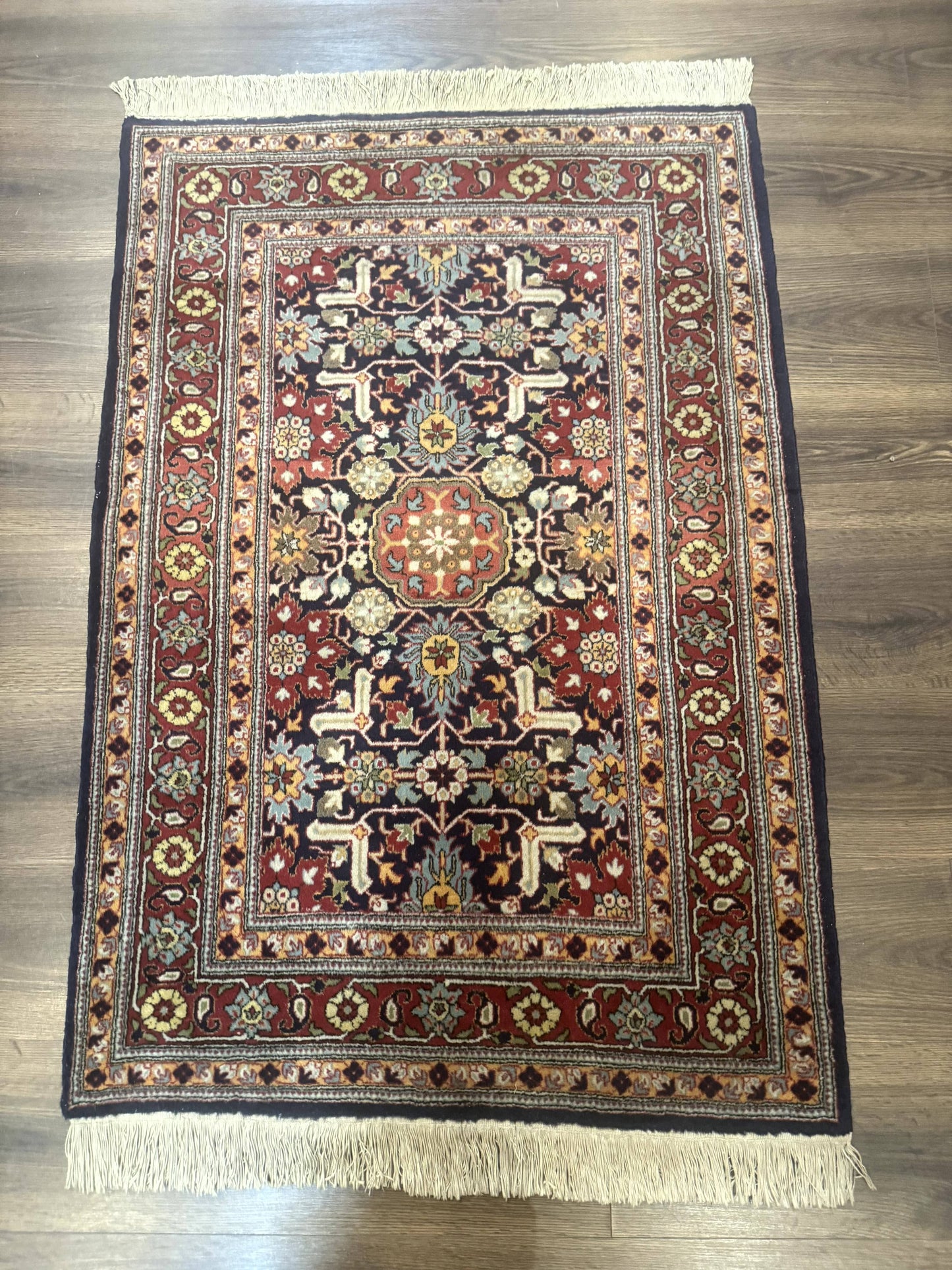 Turkish Hereke Rug 3x5 Hand Knotted Wool Vintage Navy Blue Red 210 KPSI