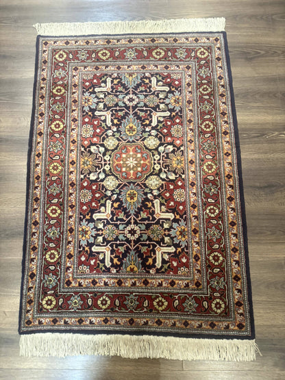 Turkish Hereke Rug 3x5 Hand Knotted Wool Vintage Navy Blue Red 210 KPSI
