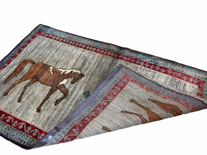 Handmade Wool Rug 4x6 Vintage Zagros Horses Pictorial Area Rug