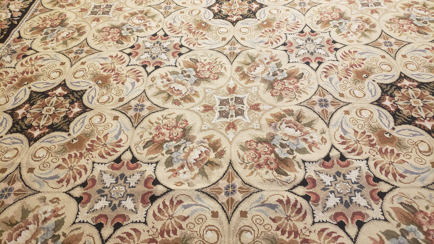 Needlepoint Rug 8x10ft Hand Knotted Wool Aubusson Flower Design Area Rug