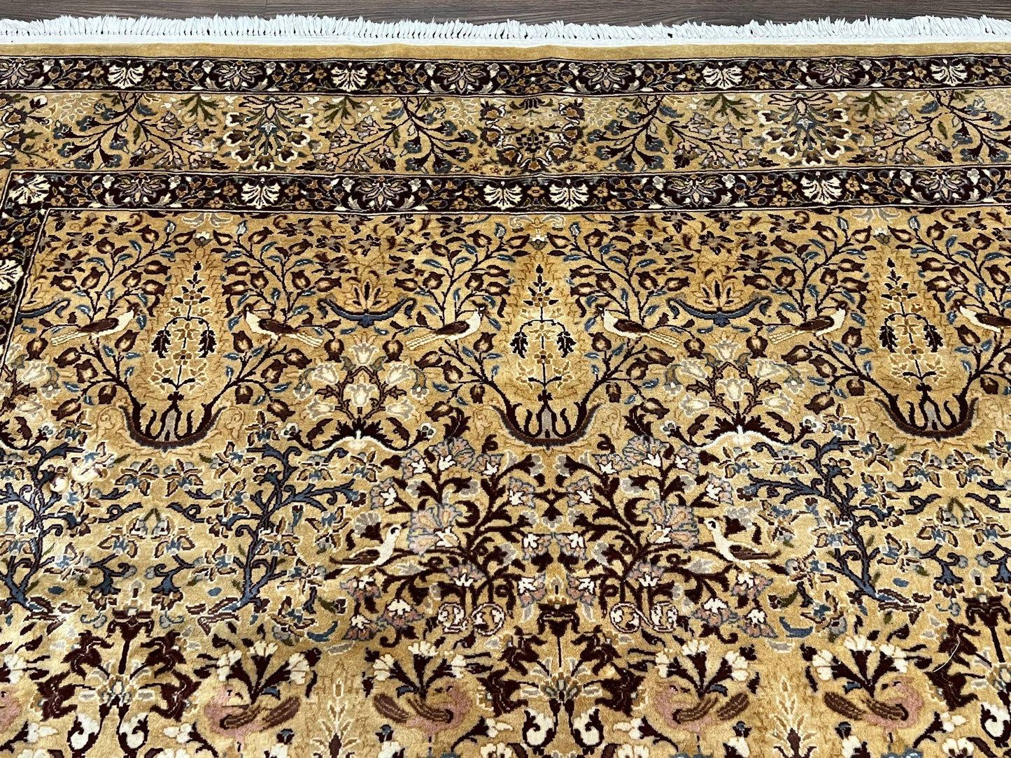 Pretty Indo Persian Rug 6x9, Allover Floral Motif with Birds, Tan/Cream, Very Fine Oriental Carpet, Hand Knotted Vintage Indian Wool Rug