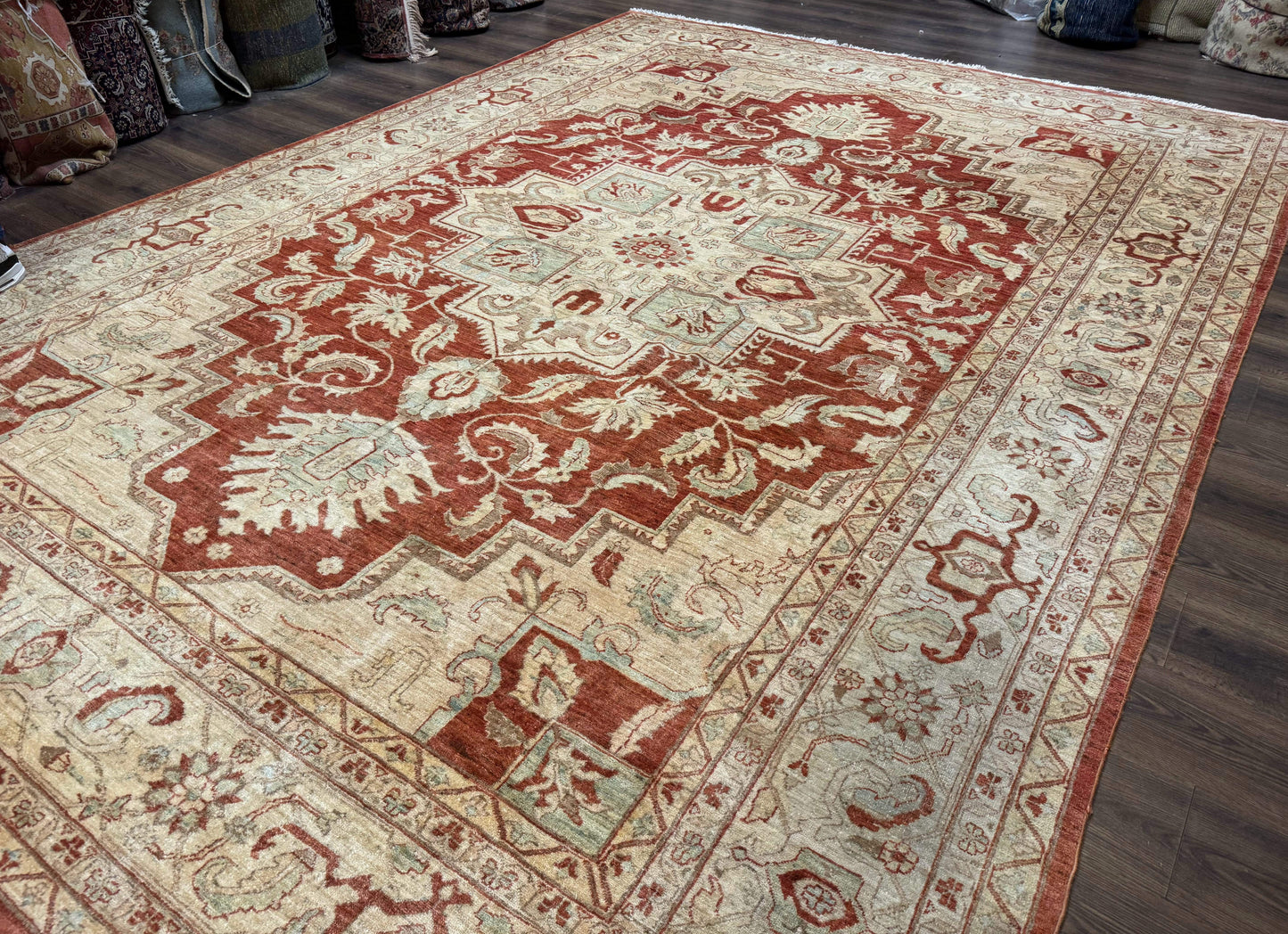 Turkish Heriz Serapi Rug 9x13 Geometric Medallion Hand Knotted Wool Vintage Area Rug