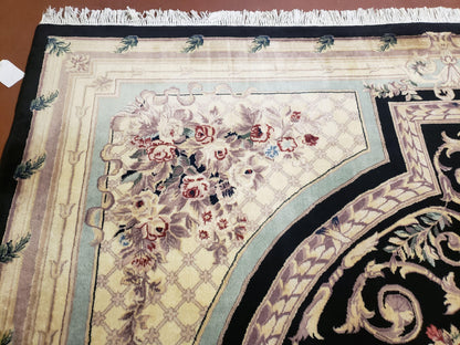 Aubusson Rug 8x10 Hand Knotted Wool Savonnerie Black Ivory French Design