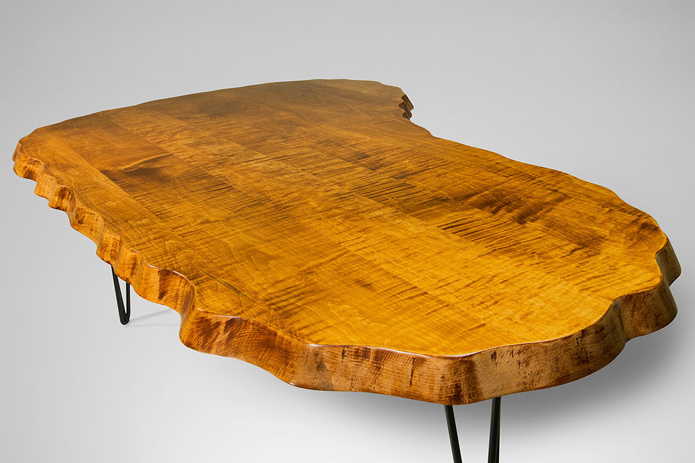 Wavy Tiger Maple Kidney Table with Hairpin Legs