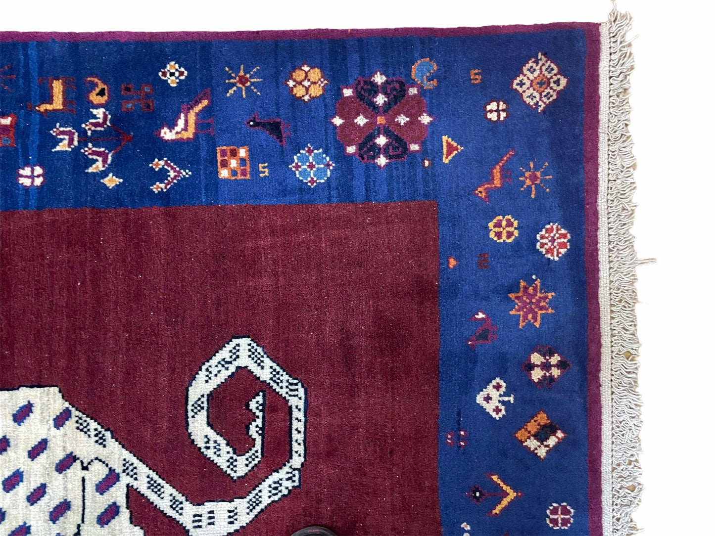Zagros Wool Rug 5x7 Handmade With Organic Dyes Snow White Panther Maroon Blue