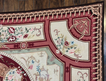 Needlepoint Rug 7.9 x 9, Beige Maroon Rose, Handmade Handwoven Flatweave Aubusson Savonnerie French European Elegant Carpet, Wool Rug
