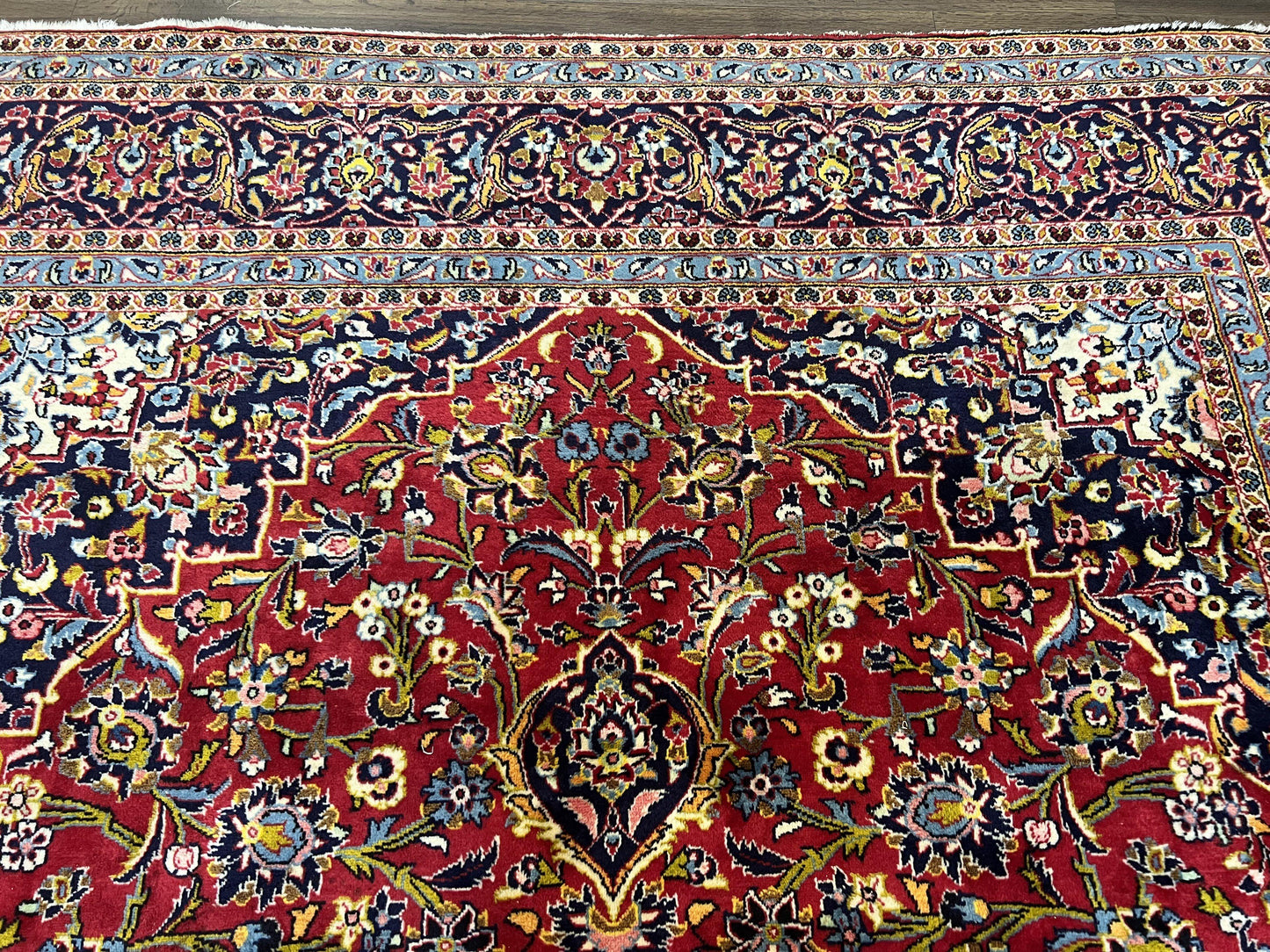 Persian Kashan Rug 9x12 Handmade Wool Oriental Carpet With Floral Medallion And Corner Design