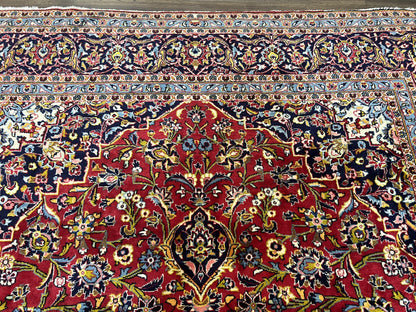 Persian Kashan Rug 9x12 Handmade Wool Oriental Carpet With Floral Medallion And Corner Design