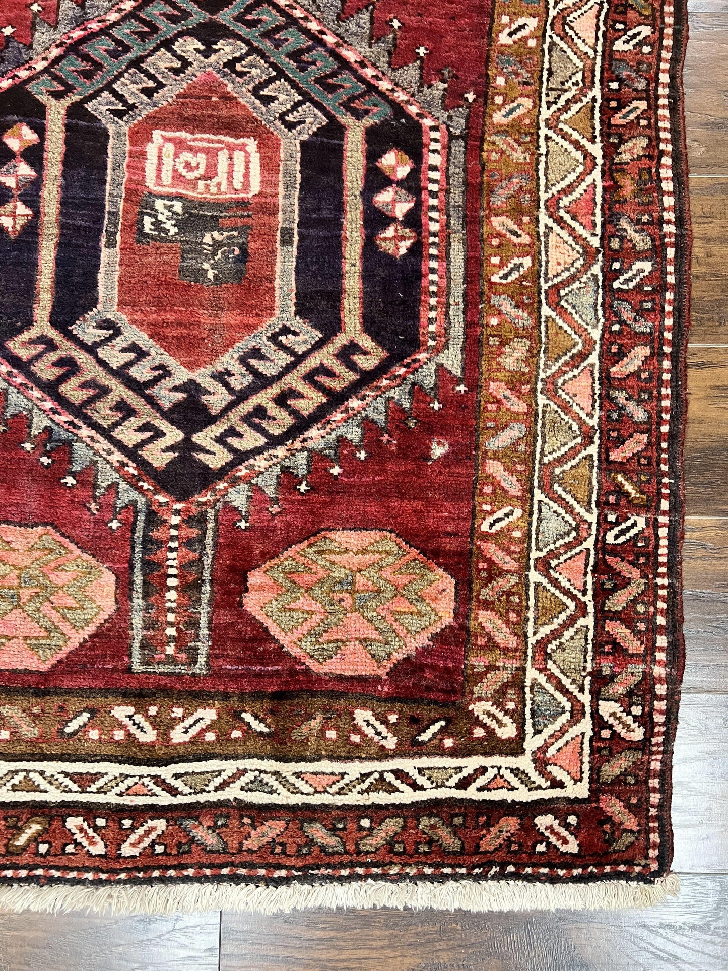 Persian Heriz Runner Rug 3.8 x 8.6, Geometric Design, Large Triple Medallions, Hand Knotted Handmade Vintage Wool Hallway Rug, Red