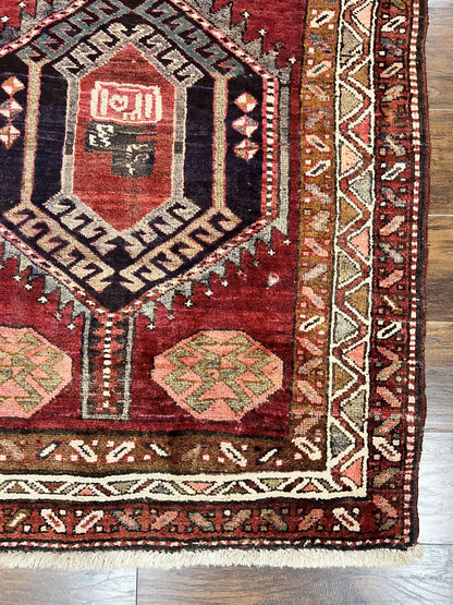 Persian Heriz Runner Rug 3.8 x 8.6, Geometric Design, Large Triple Medallions, Hand Knotted Handmade Vintage Wool Hallway Rug, Red