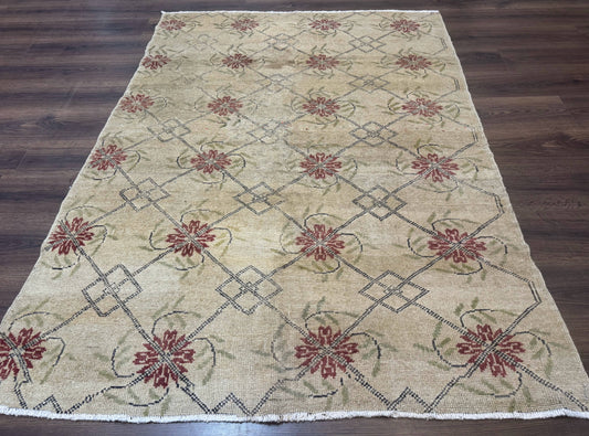 Turkish Rug 5x6 Oushak Carpet Beige Hand Knotted Wool Area Rug