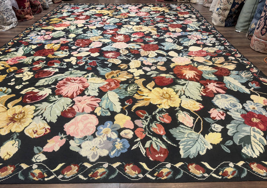 Palace Size Needlepoint Rug 12x18, Vintage Spanish Portuguese Carpet, Floral Design