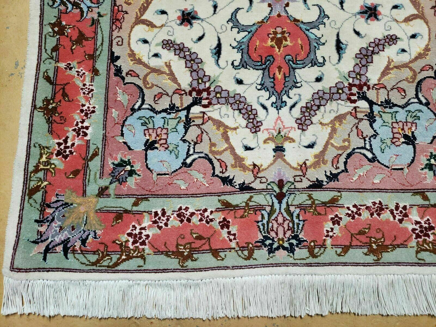 Small Vintage Persian Tabriz Wool and Silk Rug 2.5 x 4 ft, Very Finely Hand Knotted, Medallion, Ivory Salmon Light Blue, Top Quality, Pair B